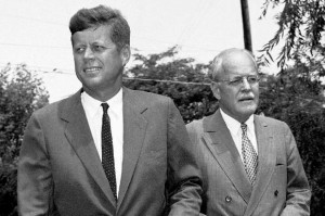 Sen. John F. Kennedy, (left), and Allen W. Dulles, Central Intelligence Agency (CIA) director, walks towards newsmen on the lawn of the Democratic presidential candidates in Hyannis Port, MA., home on July 23, 1960. The two men held a news conference after Senator Kennedy was briefed by Dulles on international affairs. (AP Photo/WCC)